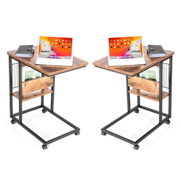 Home Square Wood End C Table with Magazine Holder in Rustic Brown - Set of 2