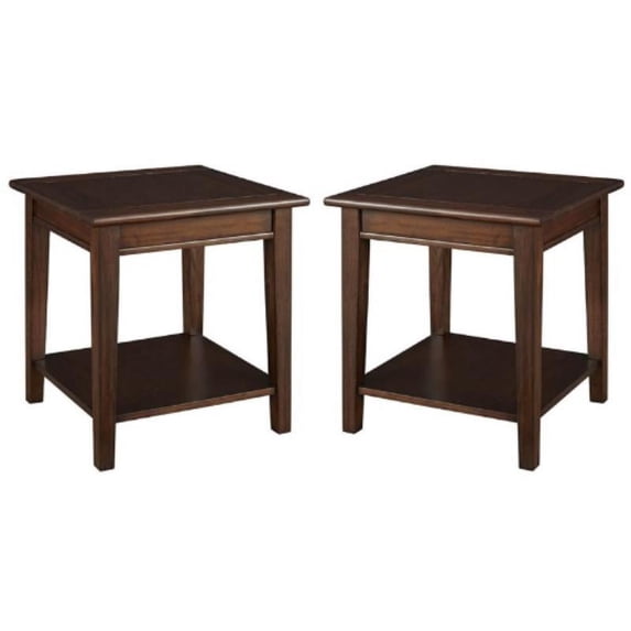 Home Square Wood End Table with Bottom Shelf in Cherry Brown - Set of 2
