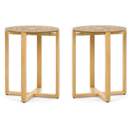 Home Square Wood End Table with Cross Style Base in Natural - Set of 2