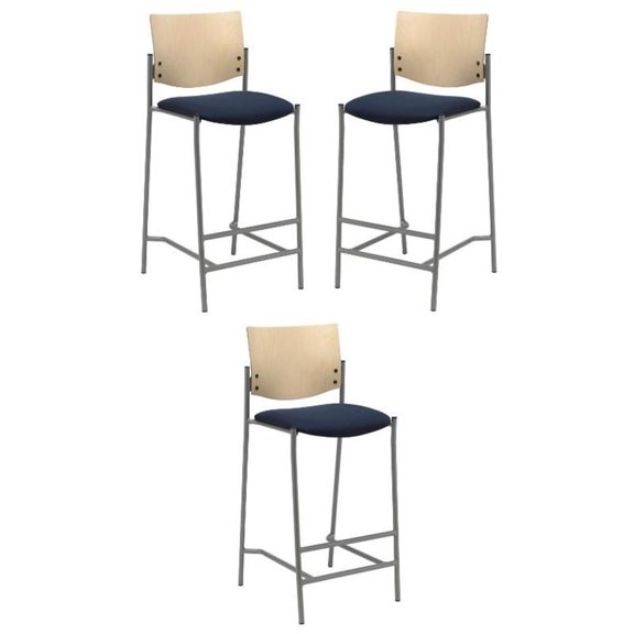 Home Square Wood & Fabric Barstool in Silver Frame/Navy - Set of 3