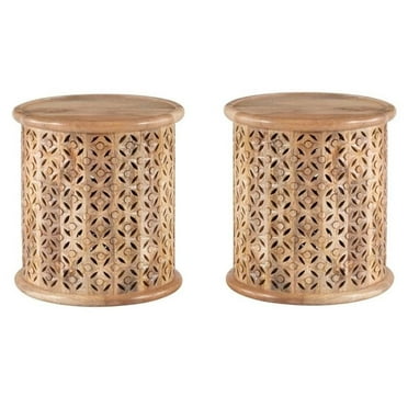 Home Square Wood Hand Carved Side Table in Natural - Set of 2