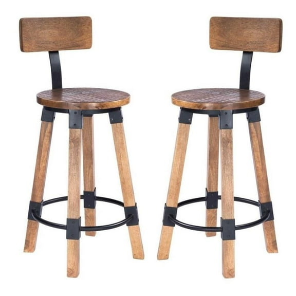 Home Square Wood & Metal Counter Stool in Beige - Set of 2