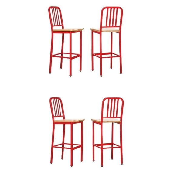 Home Square Wood Seat and Steel Frame Barstool in Red - Set of 4