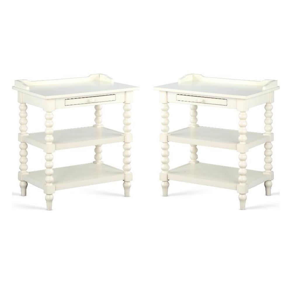 Home Square Wood Turned Leg Storage Nightstand in Antique White - Set of 2