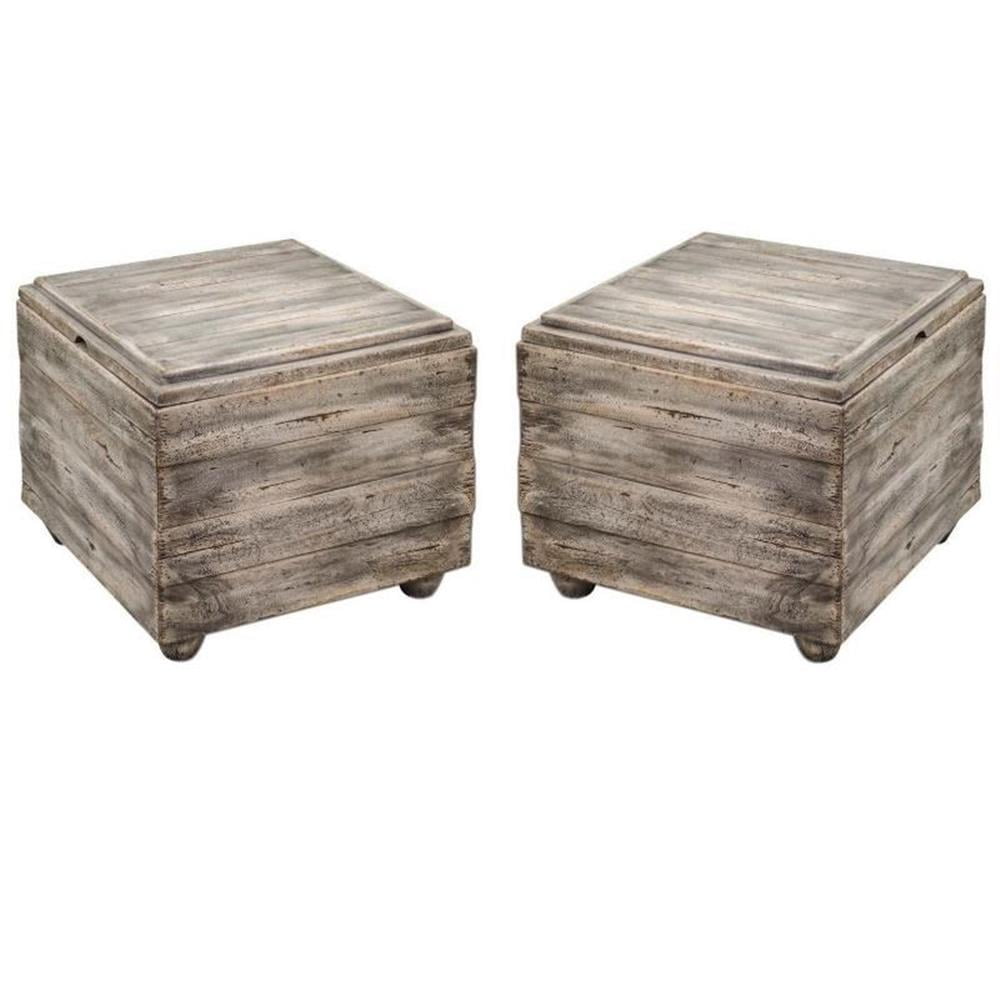Home Square Wooden Cube Table in Waxed Driftwood Finish - Set of 2 ...