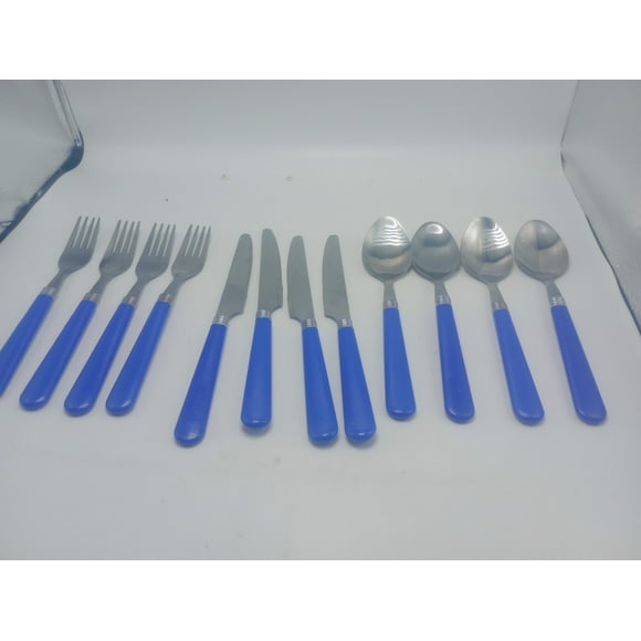 Home Stainless Steel Cutlery Plastic Handle Lightweight Picnic Silverware Cobalt Blue 12