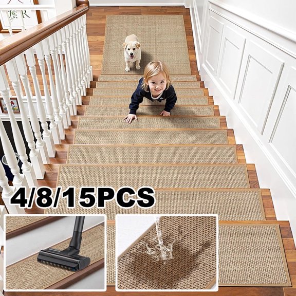 Home Stair Treads Non-Slip 15 Pieces Water Absorbent Stair Treads for Wooden Steps Rubber Backed Stair Carpet Treads Indoor Stair Covers Stair Mats for Pets Kids 8" X 30" Beige