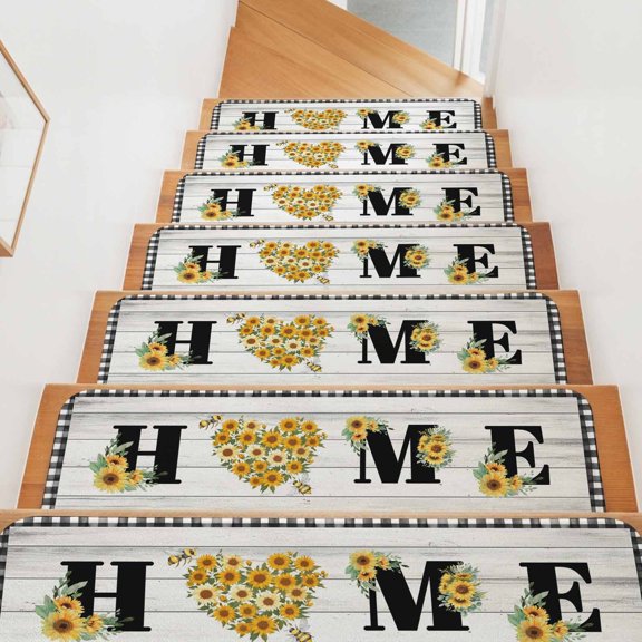 Home Stair Treads Non Slip for Steps Summer Sunflower Romantic Love Heart Black White Lattice Frame 4 Pcs Reusable Adhesive Stair Runner Mats for Dogs Elders Carpet Treads Rugs for Staircase 8x30 In