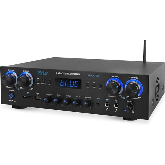 Home Stereo Receiver with Bluetooth - 4 Channel Amplifier, 800 Watt Max, USB-A Input w MP3 Player, Easy Karaoke Setup with Mic Vol, Reverb and Delay, RCA in/Out, SD Card, FM Radio - PDA77BU