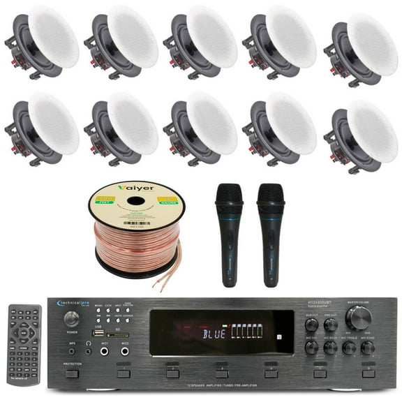 Home Stereo System Kit - 6 Channel 6000 W Bluetooth Amplifier w/ 10 QTY of 5.25" Frameless in-Wall in-Ceiling Speakers 175W Each, 2 QTY of Wired Mic, 500 ft Speaker Wire & Remote by Technical Pro