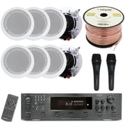 Home Stereo System Kit - 6 Channel 6000 W Bluetooth Amplifier w/ 8 QTY of 5.25" in-Wall in-Ceiling Speakers 175W Each, 2 QTY of Wired Mic, 500 ft Speaker Wire & Remote by Technical Pro
