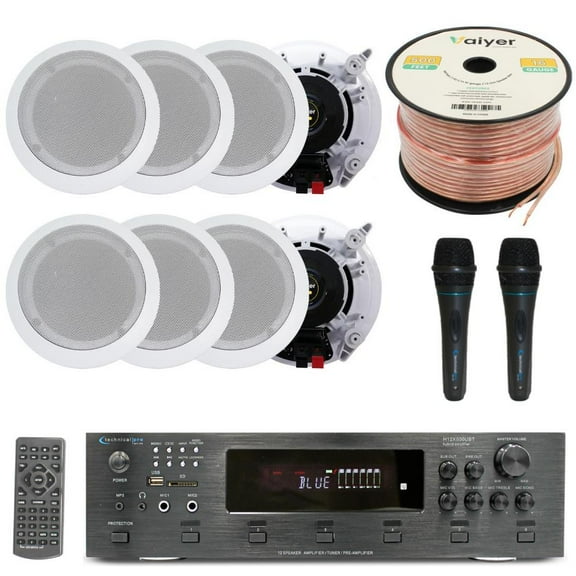 Home Stereo System Kit - 6 Channel 6000 W Bluetooth Amplifier w/ 8 QTY of 6.5" in-Wall in-Ceiling Speakers 200W Each, 2 QTY of Wired Mic, 500 ft Speaker Wire & Remote by Technical Pro