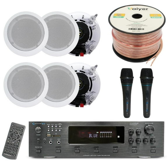 Home Stereo System Kit - 6 Channel 6000 Watts Bluetooth Amplifier w/ 6 QTY of 6.5" in-Wall in-Ceiling Ceiling Speakers 200W Each, 2 QTY of Wired Mic, 250 ft Speaker Wire & Remote by Technical Pro