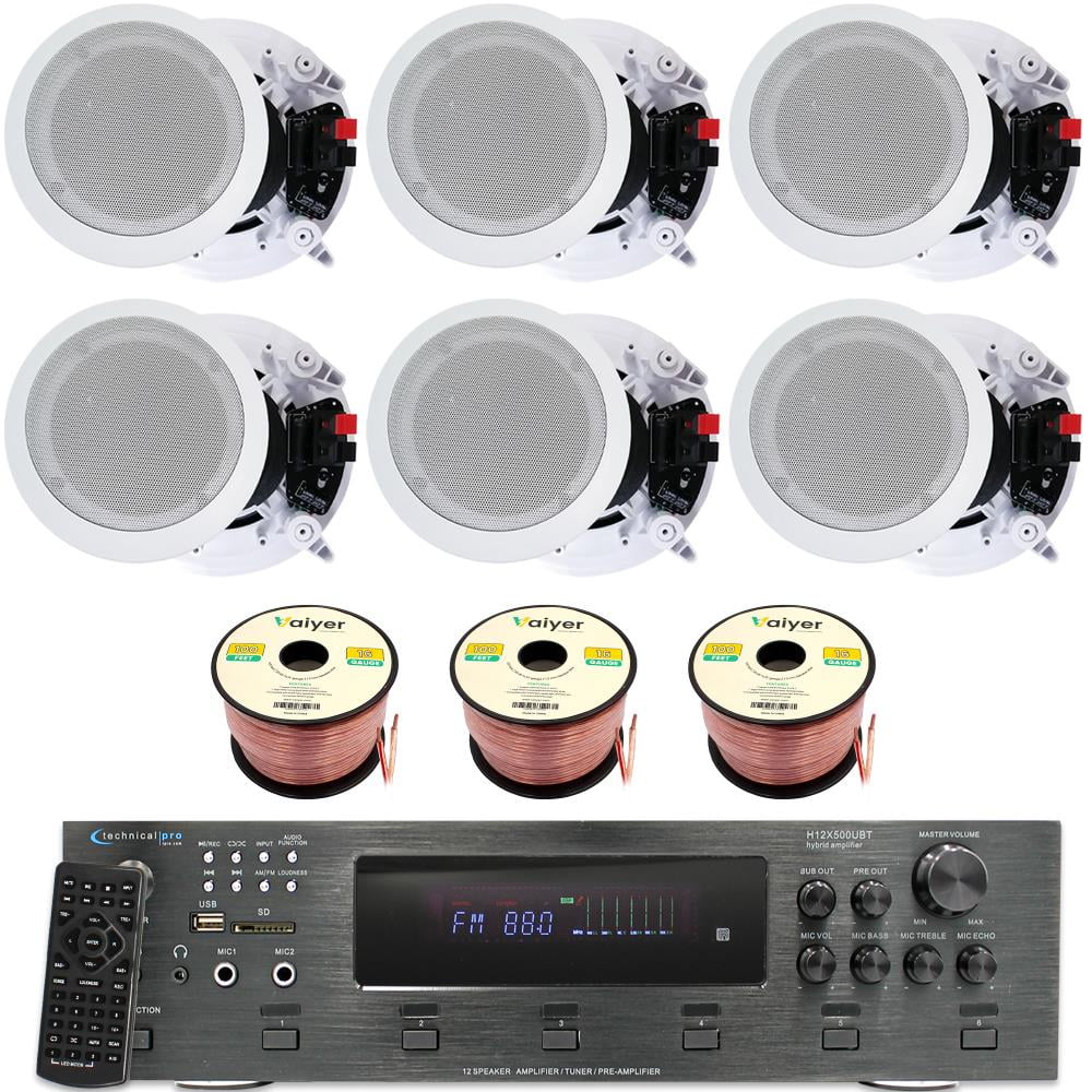 Home Stereo System Kit - 6 Channel 6000 Watts Bluetooth Amplifier w/ 6 Qty of 8 Framed Ceiling Speakers 300 W Each, 300 ft Speaker Wire & Remote for Living Room, Office, Bar by Technical Pro