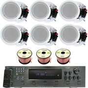 Home Stereo System Kit - 6 Channel 6000 Watts Bluetooth Amplifier w/ 6 Qty of 8  Framed Ceiling Speakers 300 W Each, 300 ft Speaker Wire & Remote for Living Room, Office, Bar by Technical Pro