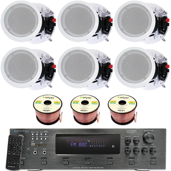 Home Stereo System Kit - 6 Channel 6000 Watts Bluetooth Amplifier w/ 6 Qty of 8 Framed Ceiling Speakers 300 W Each, 300 ft Speaker Wire & Remote for Living Room, Office, Bar by Technical Pro
