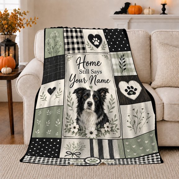 Home Still Says Your Name Border Collie Botanical, Peaceful Pet decorative motif Scene, Warm Flannel Blanket for Living Room and Bedroom, Animal Lovers Sympathy Gift, Rustic Home Decor
