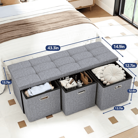 Home Storage Ottoman with 3 Drawers, 40 Inches Long Foldable Tufted Linen Large Bench Ottoman with Storage, Foot Rest Stool Seat, for Living Room, Bedroom, Entryway, Dark Gray