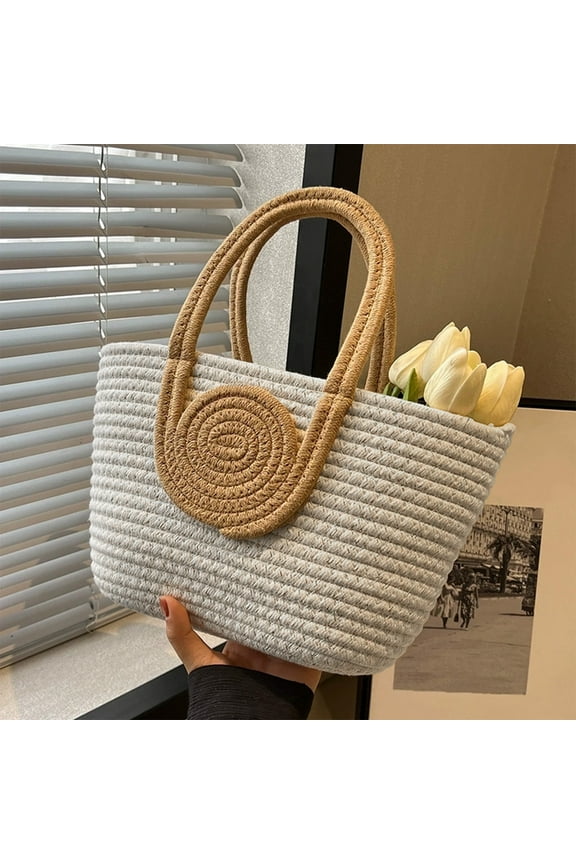 Home Storage - Rope Woven Handbag Large Capacity Tote Bag Daily Versatile Shoulder Bag Splicing Color Casual Woven Bag Beach Bag Storage Trunks