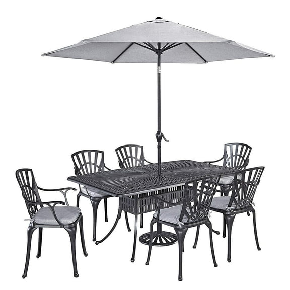 Home Styles Largo Outdoor Patio Dining Set, Cast Aluminum, 7 Piece with Umbrella and Cushions