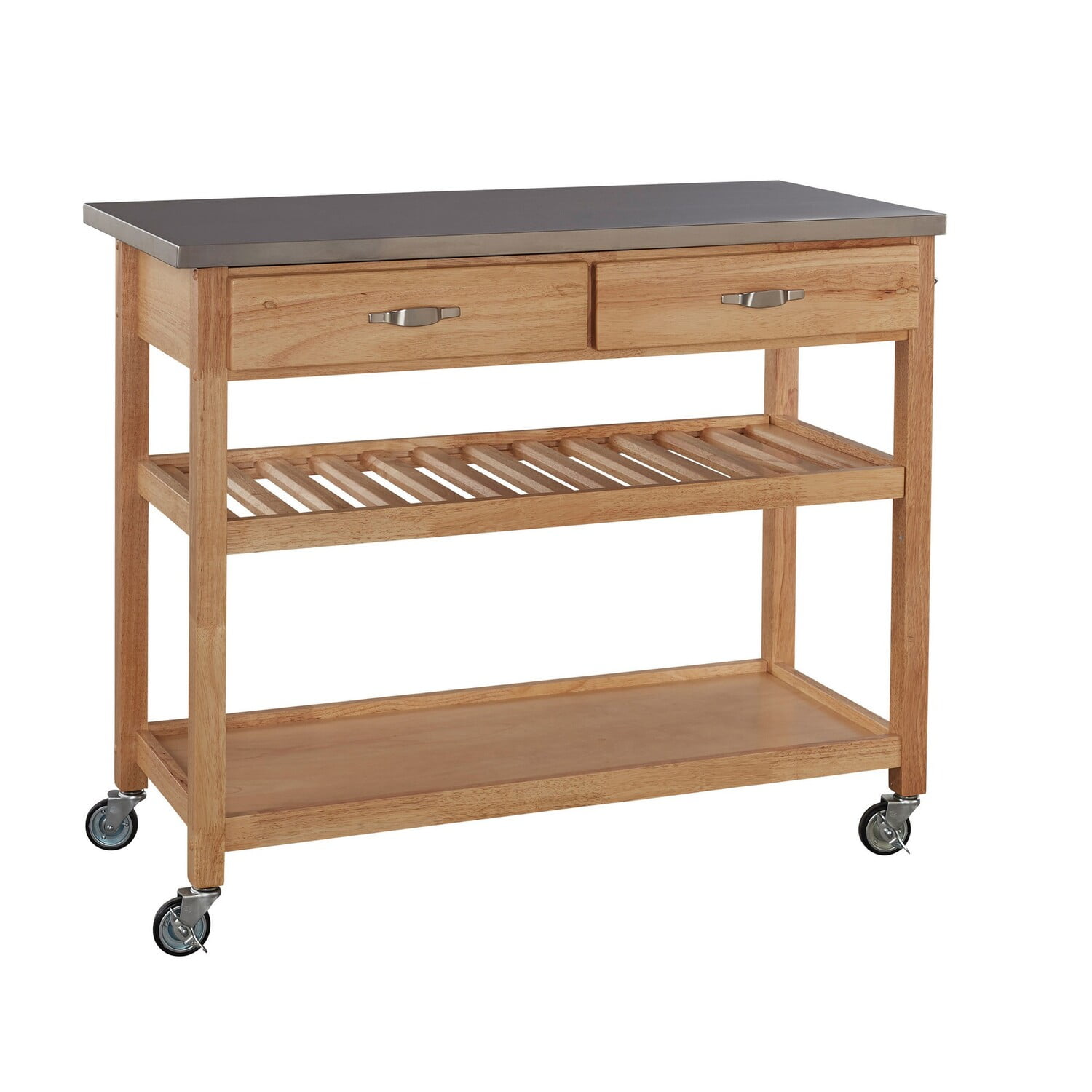 Natural Wood Kitchen Cart with Stainless Steel Top and Wine Rack
