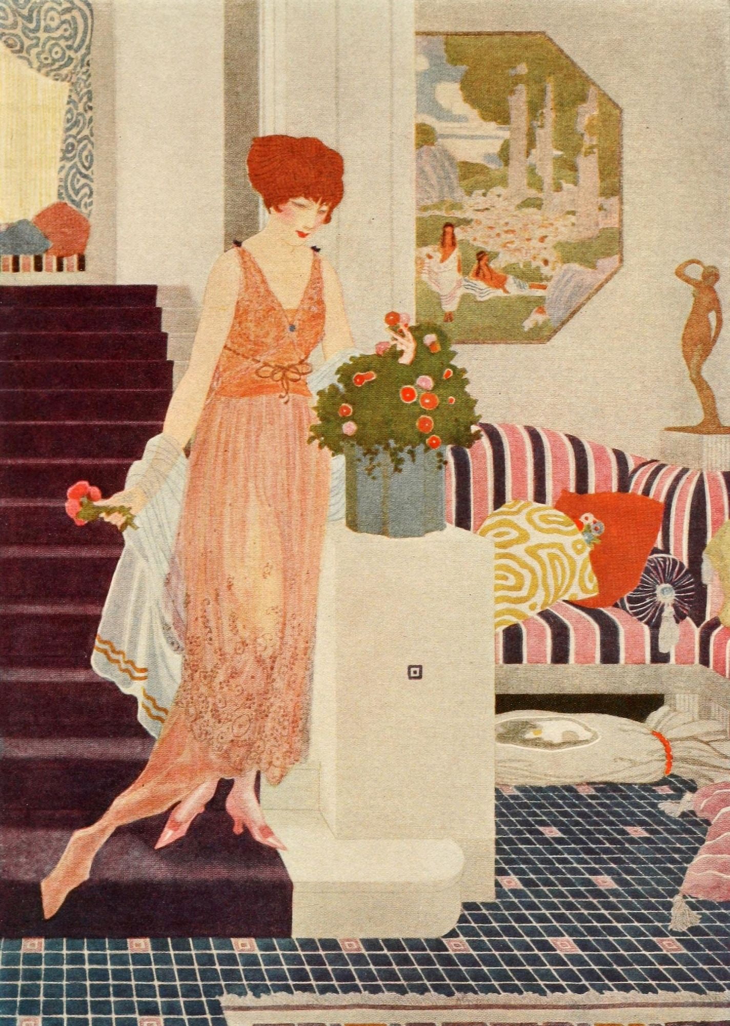 Home Suggestions 1921 Lady on stairs Canvas Art - Arthur Sinclair Covey (24 x 36)