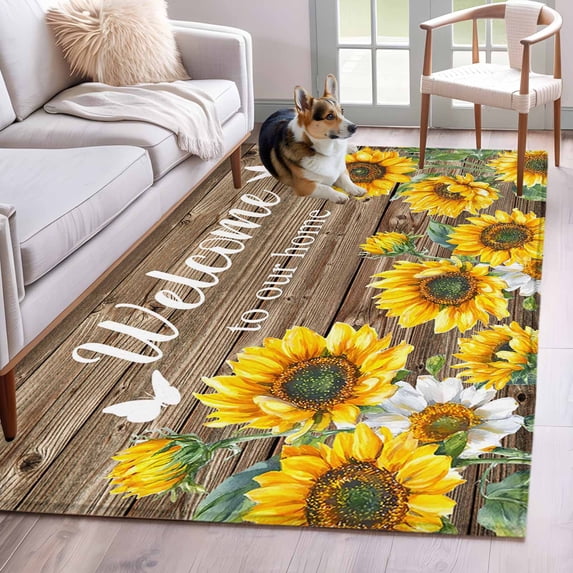 Home Sunflower Area Rug 4x6 Washable Rug Non Slip Farmhouse Vintage Brown Wood Grain Large Area Rug Indoor Floor Carpet for Entryway Bedroom Kitchen Living Room Home Office Dining Room Nursery
