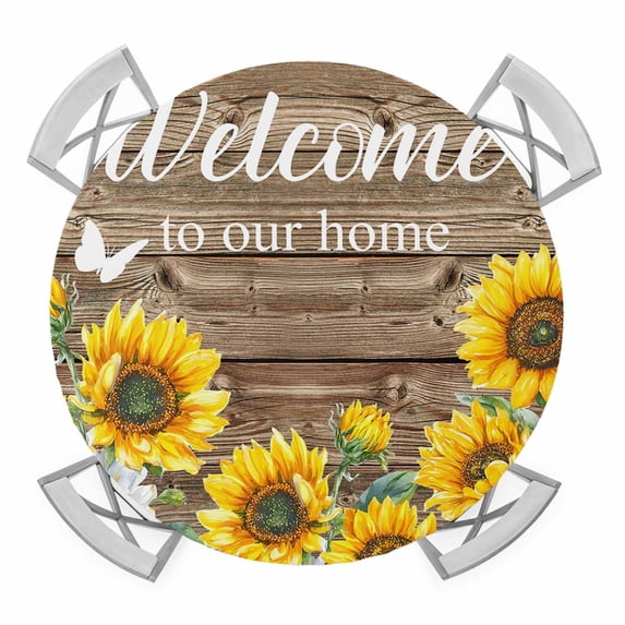 Home Sunflower Round Tablecloth for 36-44 Inch Tables, Fitted Table Cover with Elastic Edge, Farmhouse Vintage Brown Wood Grain Waterproof Outdoor Table Cloth Protector for Patio Garden Dinner Picnic
