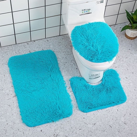 Home Supplies 3Pc Bathroom Set Rug Mat Toilet Lid Cover Plain Color Bathmats Bath Mat, Contour Rug, Toilet Seat Lid Cover, Soft Pile, Water Absorbent Solid Color (Blue)