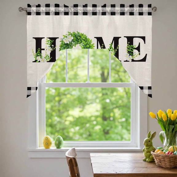 Home Swag Valances for Kitchen Window, Spring Country Farm Green Boxwood Flowers Wreath Linen Texture Small Swag Valances Rod Pocket Curtain Drapes Window Treatment for Bedroom Bathroom, 56x36 Inch
