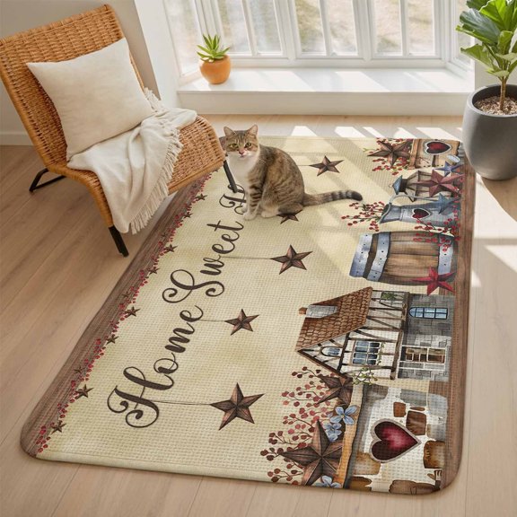 Home Sweet Area Rugs for Living Room 5x6, Home Retro Country Star House Barrel Farm Washable Area Rug with Non Slip Backing, Stain Resist Linen Carpet for Bedroom, Dining Room, Entryway, Entrance