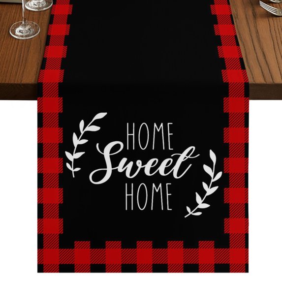 Home Sweet Buffalo Plaid Burlap Cotton Table Runner 13x60 Inches Long, Farmhouse Black Red Checker Farmhouse Table Runners, Outdoor Dining Tablecloths Decor for Baby Shower/Party/Wedding