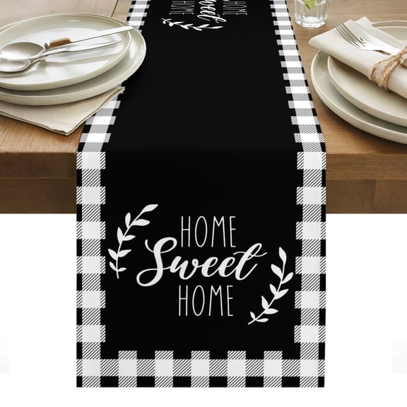 Home Sweet Buffalo Plaid Table Runner Farmhouse Black White Checker Tablerunners 13 x 36 Inch, Table Decorations Tabletop Scarf for Summer Gathering Holiday Farmhouse Kitchen Dining Decor