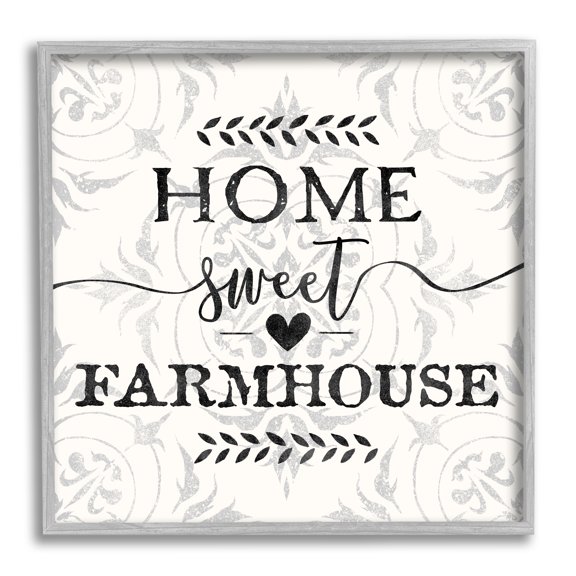 Home Sweet Farmhouse Soft Sentiment Damask Pattern Typography Framed Art Print Wall Art, 17x17