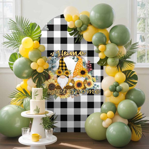 Home Sweet Gnome Arch Backdrop Cover, 7.2FT, Sunflower Eucalyptus Leaves Black Plaid Spandex Arch Covers Double-Sided Backdrop for Wedding Birthday Party Photo Background Decoration