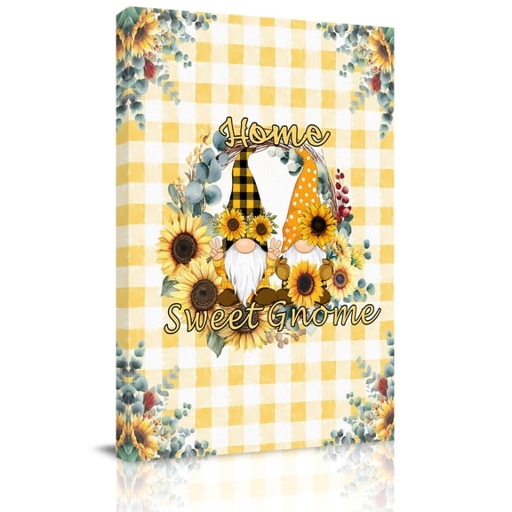 Home Sweet Gnome Canvas Wall Art for Living Room, Sunflower Eucalyptus Leaves Yellow Plaid Wall Decor Framed Artwork Pictures Ready to Hang for Bedroom Office Home Decor