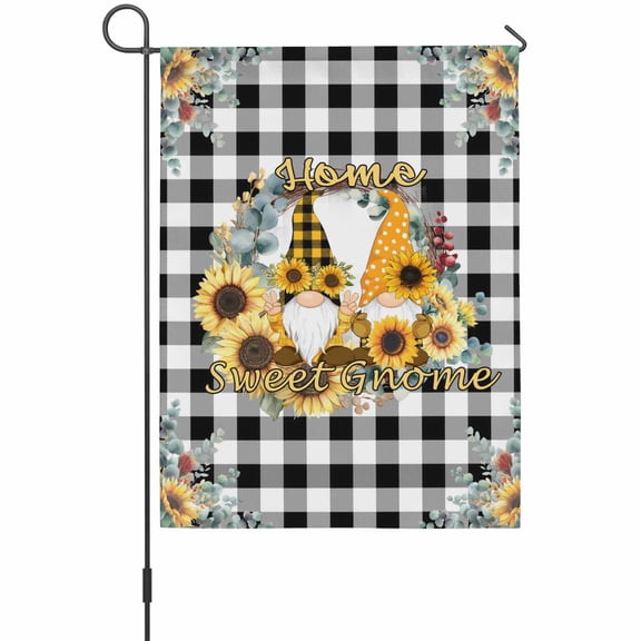 Home Sweet Gnome Garden Flags For Outdoor, Sunflower Eucalyptus Leaves Black Plaid Small Double Side Yard Flags Weather Proof Garden Decor for Lawn Outside Holiday 12 x 18 Inches