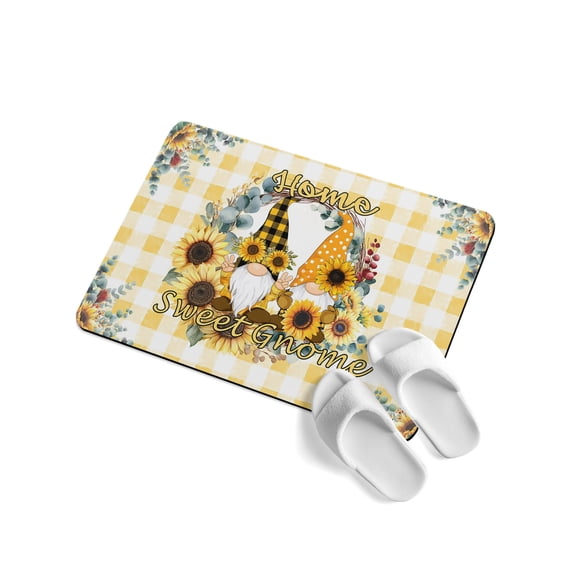 Home Sweet Gnome Soft Diatomaceous Earth Mat, Sunflower Eucalyptus Leaves Yellow Plaid Absorbent Bath Mat Non Slip Rubber Backed Quick Dry Doormat Fit Under Door for Bathroom Kitchen 24"x36"