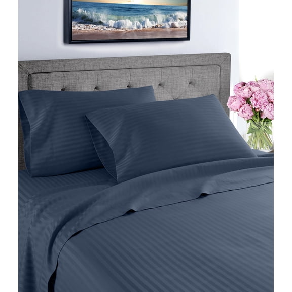 Home Sweet Home 1800 Luxurious Hotel Extra Soft Deep Pocket Stripe Sheet Set (Full, Navy)