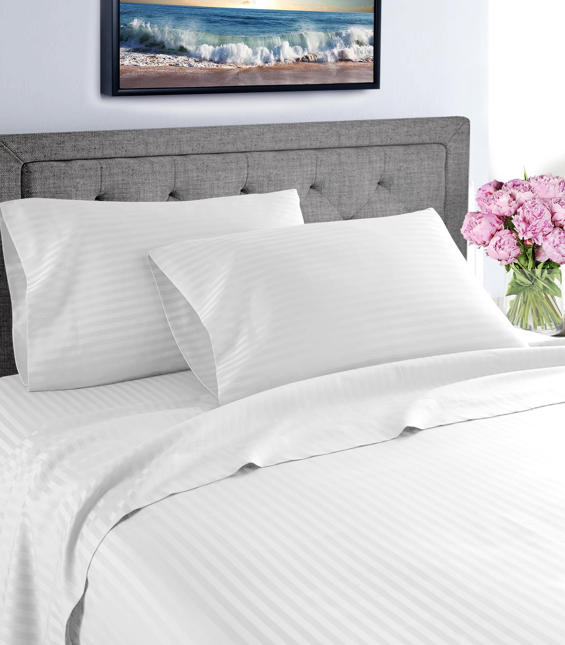 Queen White Stripe Deep Pocket Microfiber Sheet Set
