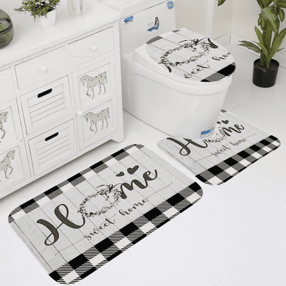 "Home Sweet Home" 3-Piece Bath Rug Set, Non-Slip Polyester Bathroom Mats, Rustic Plaid Washable Low-Pile Rugs with Toilet Lid Cover & U-Shaped Mat for Farmhouse Bathroom Decor