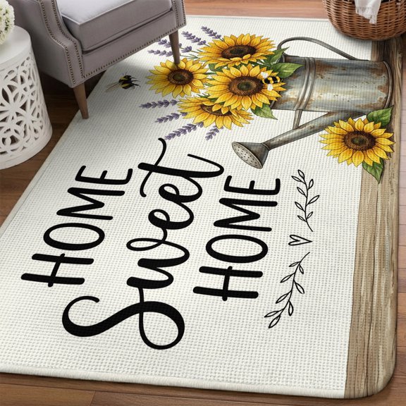 Home Sweet Home Area Rugs for Living Room 5x6, Country Sunflower Watering Can Lavender Farm Washable Area Rug Non Slip, Stain Resist Linen Carpet for Bedroom, Dining Room, Entryway, Entrance