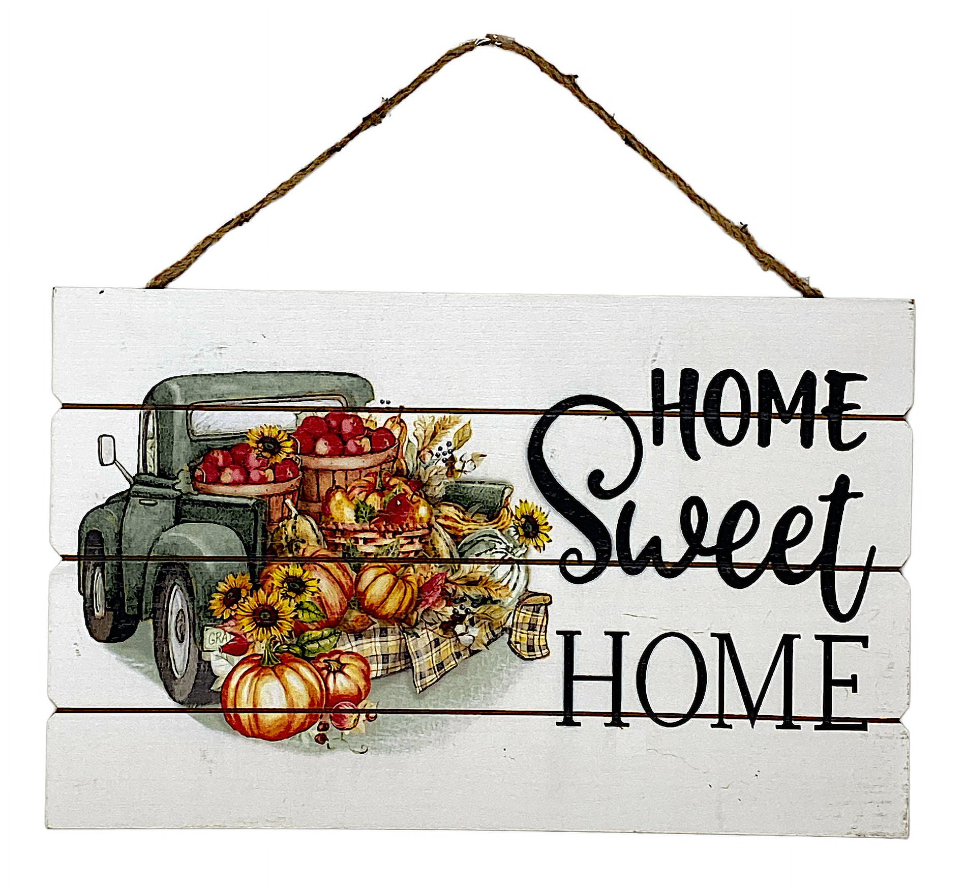 Home Sweet Home Autumn Fall Decor Wooden Wall Hanging Green Vintage Truck  Pumpkin Design 16\, image size:1898x1748