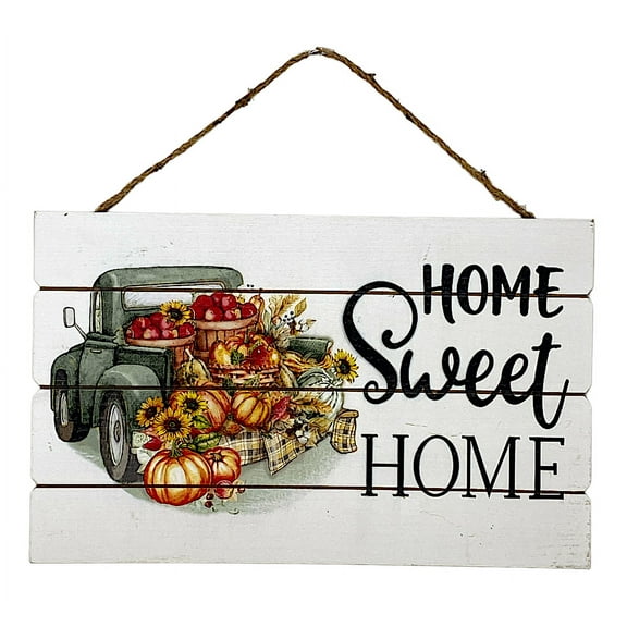 Home Sweet Home Autumn Fall Decor Wooden Wall Hanging Green Vintage Truck Pumpkin Design 16" x 10"