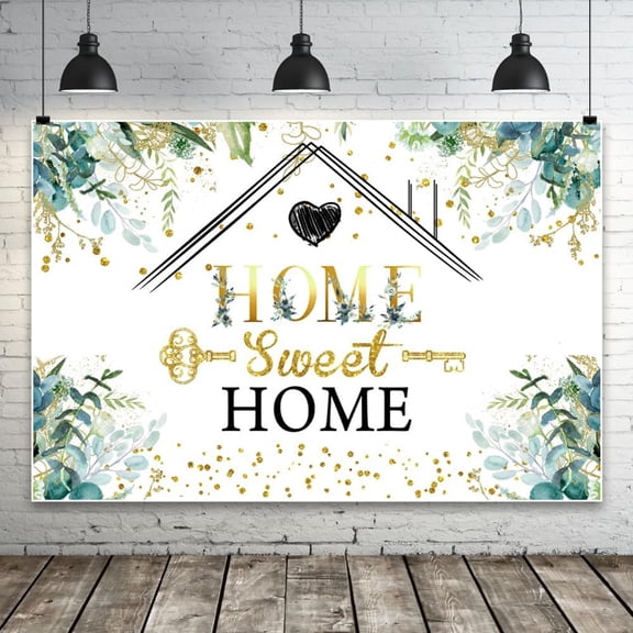 Home Sweet Home Backdrop for Housewarming Green Leaves Key House Photography Background Rustic New House Party Decorations Banner Photo Booth Props