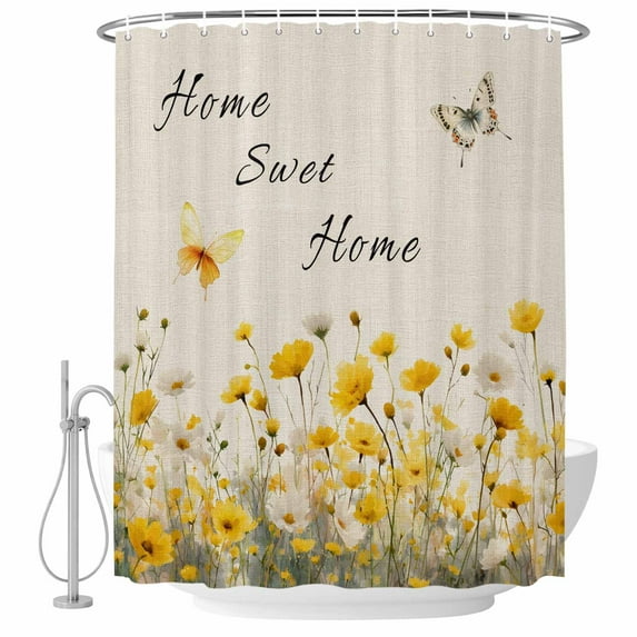 Home Sweet Home Bathroom Shower Curtains with Hooks, Watercolor Spring White Yellow Floral Butterfly Linen Texture Waterproof Fabric Washable Shower Curtain for Home Hotel Bathtub Decor 36x72 Inch
