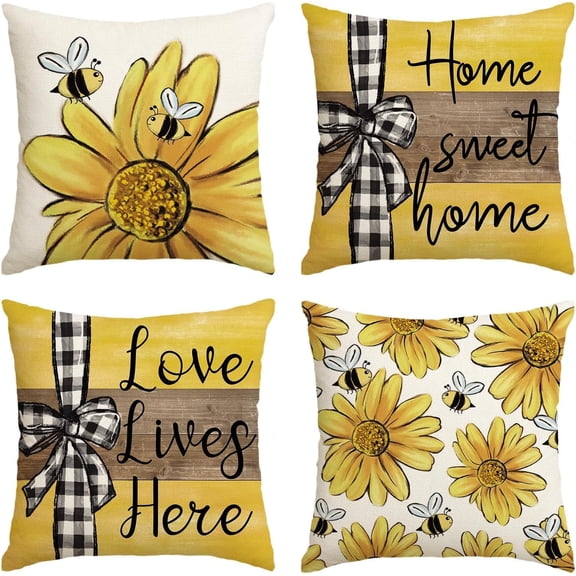 Home Sweet Home Bee Sunflower Throw Pillow Covers, 20 x 20 Inch Love Lives Here Spring Summer Stripes Cushion Case for Sofa Couch Set of 4