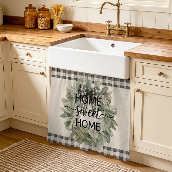 Home Sweet Home Cabinet Curtain, Rustic Green Floral Leaves Wreath Gingham Border Sink Skirt for Bathroom, Under Sink shelf Curtain Privacy Drape for Kitchen Laundry Room 35x35in