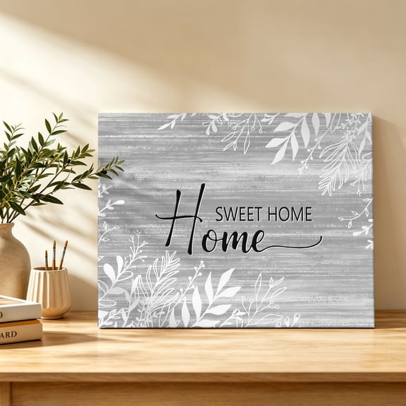 Home Sweet Home Canvas Wall Art, Country Farmhouse Minimalist Leaf Gray Wood Grain Wall Art Prints Artwork Framed Canvas Ready to Hang Art Pictures for Bedroom Living Room Closet Kitchen 16" x 12"