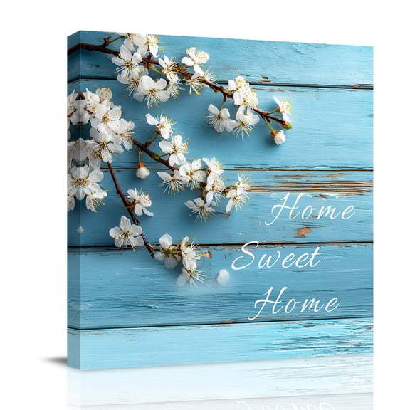 Home Sweet Home Canvas Wall Art for Living Room, Spring White Floral Blue Wood Grain Wall Decor Framed Artwork Pictures Ready to Hang for Bedroom Office Home Decor